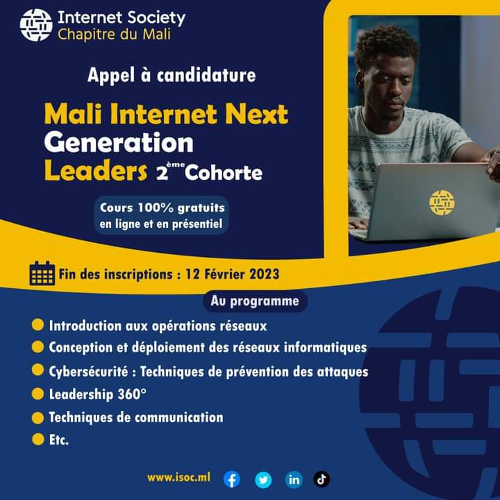 isocml's tweet photo. Après la cohorte_1 de  #Mali_Internet_Next_Generation_Leaders, @isocml conformément à sa mission et à son plan d'action 2023 continue de former les futurs leaders de l'#Internet en lançant la 2ème cohorte. Inscrivez-vous :👉 https://t.co/BdQlwSBbPg
@VictorNdonnang @jane_coffin https://t.co/Y6ZVaHhYqz