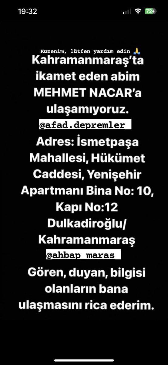 Arkadaşımızın kuzeni lütfen yardımcı olur musunuz?
@ahbap_maras <a href="/DepremDairesi/">AFAD Deprem</a> <a href="/OguzhanUgur/">Oğuzhan Uğur</a> <a href="/BabalaTv/">BaBaLa TV</a>