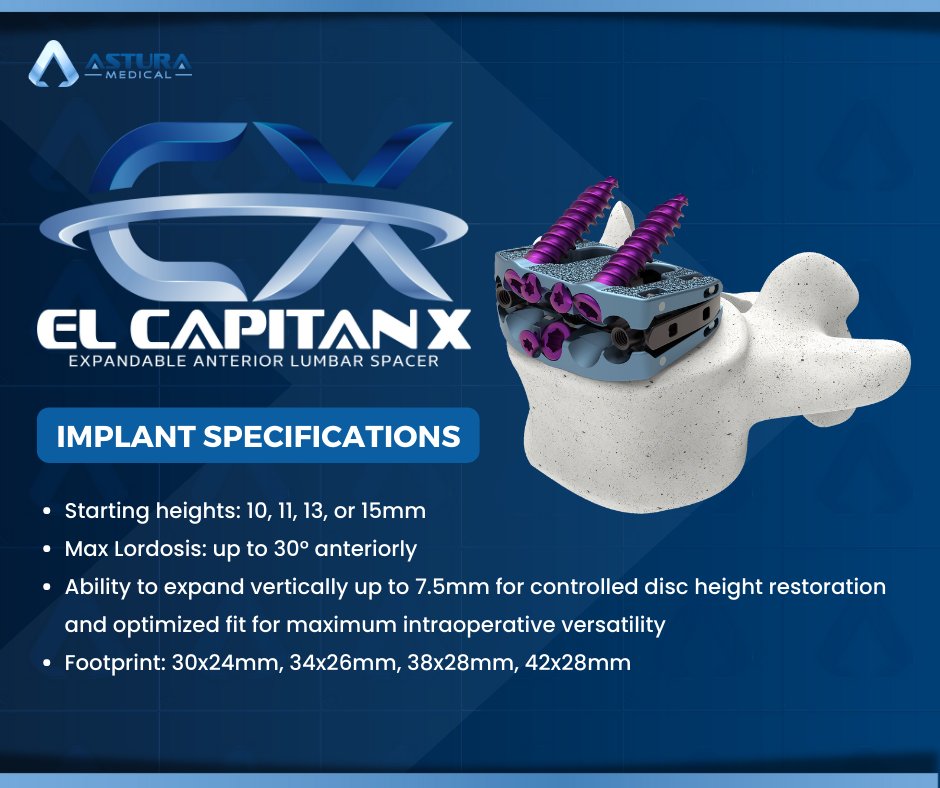 El Capitan X Expandable ALIF System is a comprehensive technology platform that provides a complete range of expandable anatomic spacers with infinitely adjustable expansions in height and lordosis for a unique, patient-specific solution 
asturamedical.com/product/el-cap…