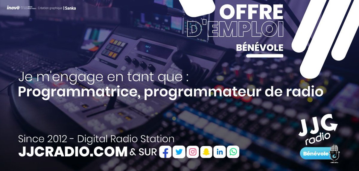 On recrute des Programmatrices, programmateur de radio
tente ta chance maintenant ici : jjcradio.com/jobs

✉️ rh.jjcradio@gmail.com jjcradio.com/jobs