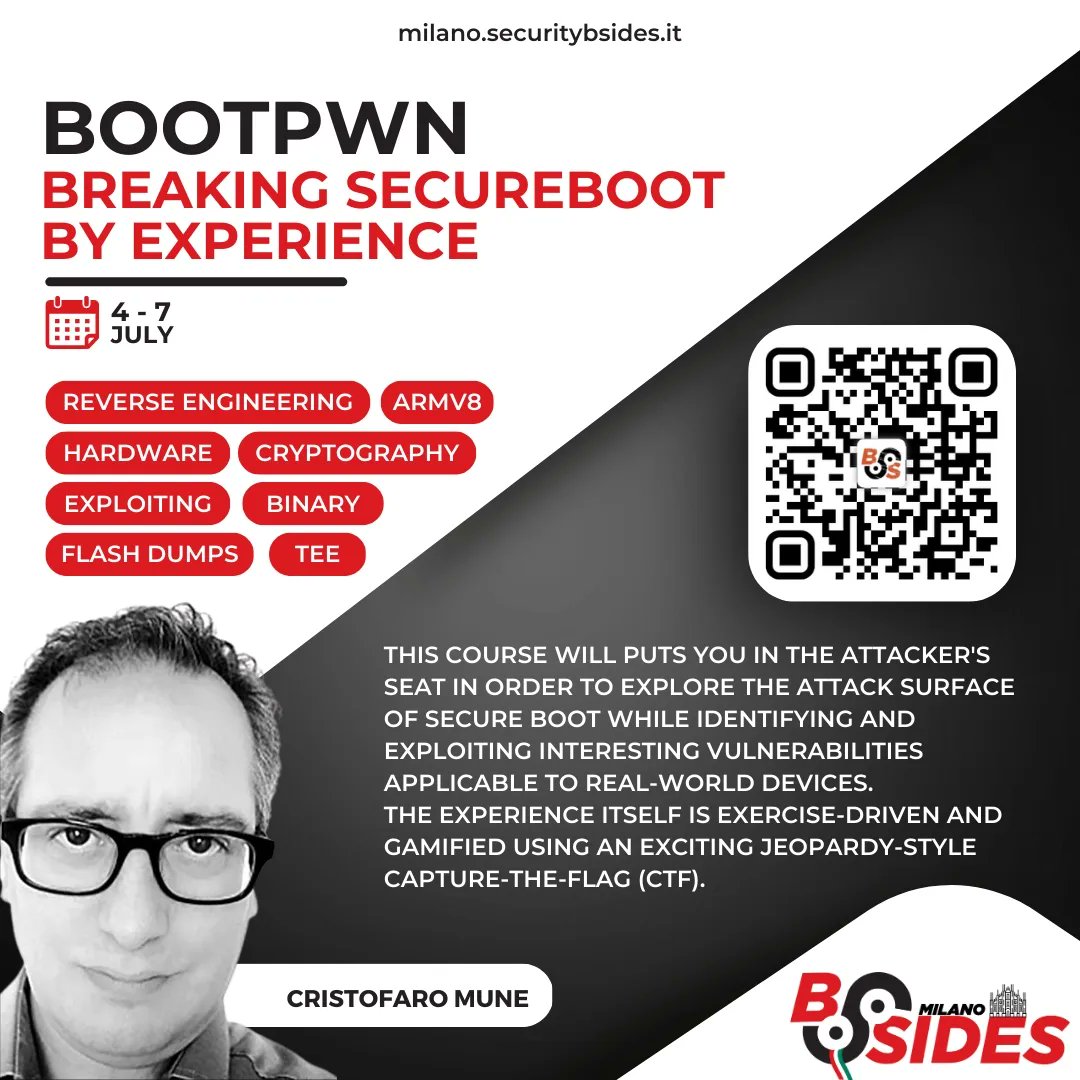 BSidesMilano's tweet photo. @BSidesMilano #Training #Spotlight #SecureBoot #BootPwn @raelizecom @pulsoid @tieknimmers https://t.co/iPqNHixW1D