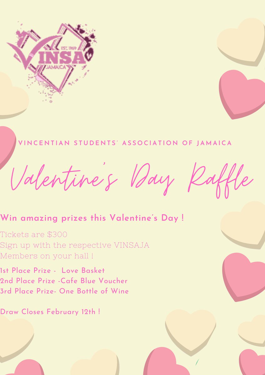 VinsaJA's tweet photo. Take part in our Valentine’s Day Raffle 🎟️and win some amazing prizes ! 🥳
.
. 
Sign up with the respective VINSAJA member on your Hall ! 💗
.
.
#ValentinesDay #ValentinesDayRaffle #VinsaJa #VINSA #Raffle https://t.co/39EsxM9ylV