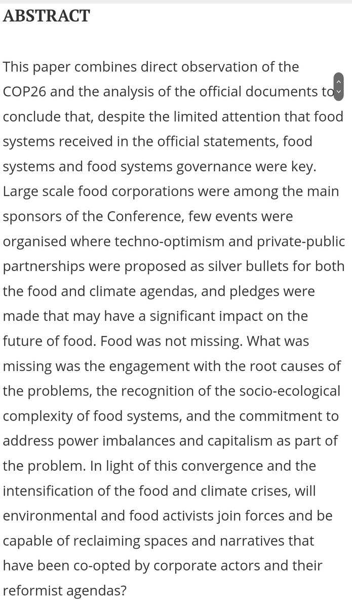 New paper 🤓! #COP26 showed that two global corporate agendas are converging: food &amp; climate. #COP27 intensified the process. I look at actors, rhetoric &amp; decisions in #Glasgow to advocate for prompt convergence of anti-corporate agendas.
tandfonline.com/doi/full/10.10… DM for access :)