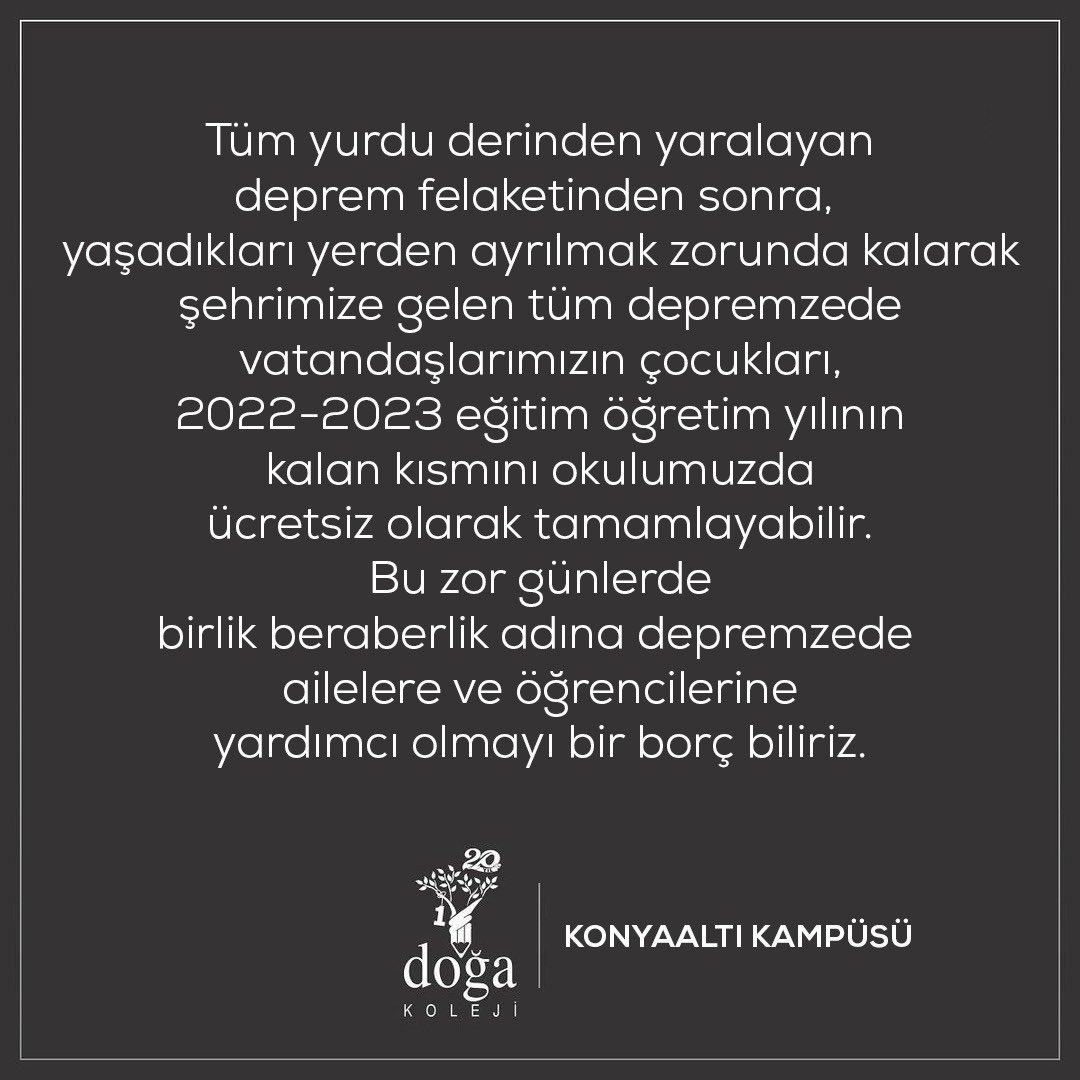 Konyaaltı Doga Koleji olarak üzerimize düşeni yapmaya hazırız. Okulumuza 0 242 348 00 48 nolu telefondan  ulaşabilirsiniz. 
Öğrenciler sayilari MEB kontenjani dahilinde planlanacaktir. #dogayaninizda #deprem #seferberlik <a href="/ahbap/">Ahbap</a> <a href="/haluklevent/">Haluk Levent ( Ahbap Ekibi )</a> <a href="/OguzhanUgur/">Oğuzhan Uğur</a> <a href="/Konyaaltidoga/">İTÜ ETA VAKFI DOĞA KOLEJİ KONYAALTI KAMPÜSÜ</a>