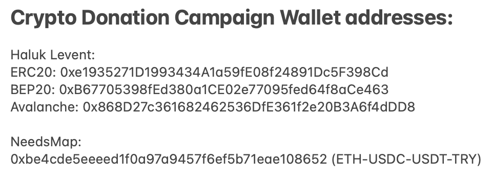 ismailhpolat's tweet photo. TO GLOBAL CRYPTO COMMUNITY  
In the context of the devastating earthquake hit Turkey, there organized crypto donation campaigns by trust-worthy charities. We expect your donations not only for contributing our county's relief efforts but also to show crypto ecosystem's solidarity https://t.co/slX7IZFiiq