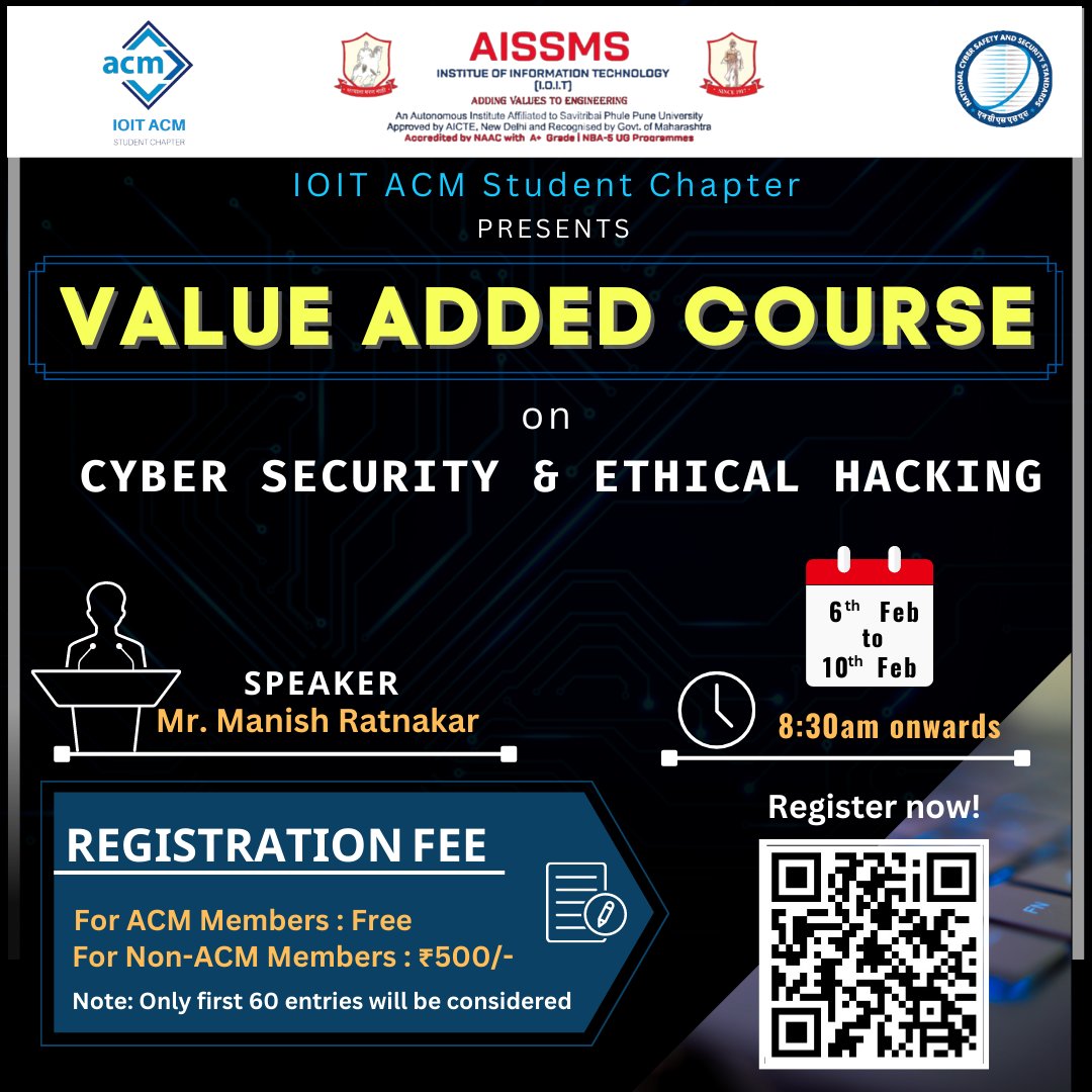 IOIT_ACM's tweet photo. AISSMS IOIT ACM Student Chapter is organising Value Added Course on Cyber Security &amp; Ethical Hacking for Chapter Members.

@Indiaacm @AISSMS_IOIT 
#ethicalhacking #cybersecurity #ioitacm #acm #aissmsioit #aissms https://t.co/90rY64HWKm