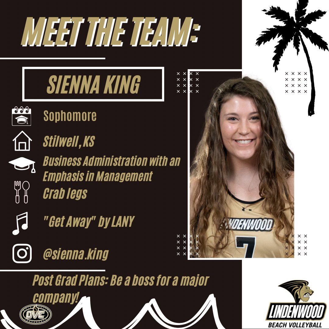 We are FINALLY able to introduce our newest member &amp; transfer from Northwestern OK State.🏝️ We are so excited! In our LAST Meet The Team series we will meet… 🦁 

Sophomore Sienna King from Stilwell, KS 🎉

#MeettheLions 🦁 | #LindenwoodBeachVB