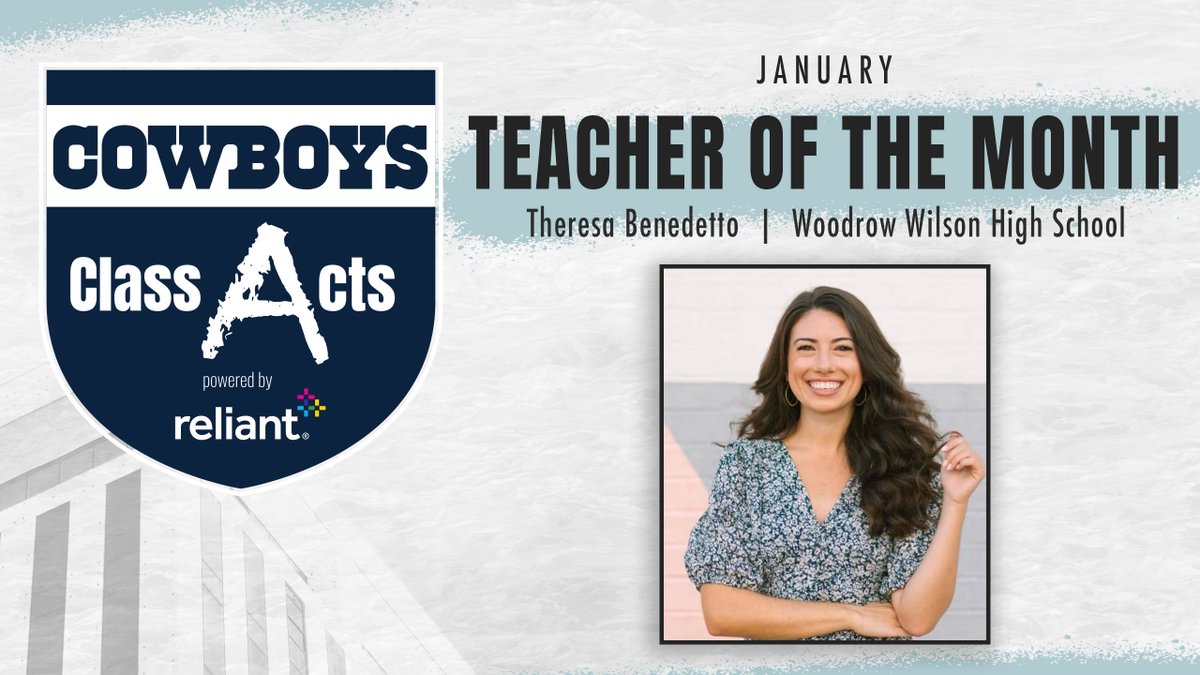 Dallas Cowboys (@dallascowboys) on Twitter photo Congrats to Ms. Theresa Benedetto from <a href="/dallasschools/">Dallas ISD</a> for being recognized as the January Teacher of the Month.
Theresa is our 5th teacher recognized this year from our #CowboysClassActs Program powered by <a href="/reliantenergy/">reliantenergy</a> for her awesome work at <a href="/WoodrowWildcats/">Woodrow Wilson HS</a>! #ReliantGives Congrats to Ms. Theresa Benedetto from <a href="/dallasschools/">Dallas ISD</a> for being recognized as the January Teacher of the Month.
Theresa is our 5th teacher recognized this year from our #CowboysClassActs Program powered by <a href="/reliantenergy/">reliantenergy</a> for her awesome work at <a href="/WoodrowWildcats/">Woodrow Wilson HS</a>! #ReliantGives
