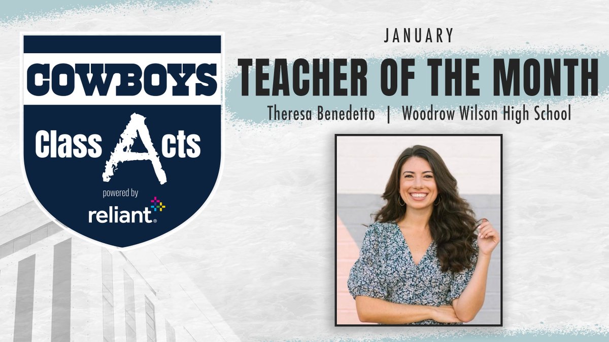 Congrats to Ms. Theresa Benedetto from @dallasschools for being recognized as the January Teacher of the Month.

Theresa is our 5th teacher recognized this year from our #CowboysClassActs Program powered by @reliantenergy for her awesome work at @WoodrowWildcats! #ReliantGives