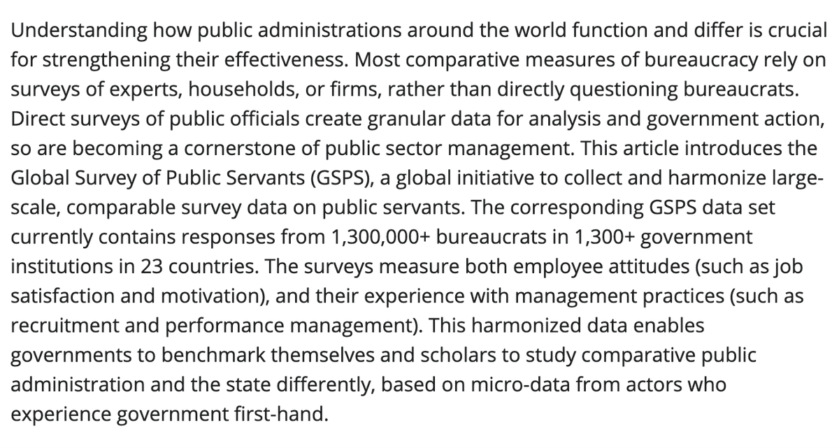 New Viewpoint: The Global Survey of Public Servants: Evidence from 1,300,000 Public Servants in 1,300 Government Institutions in 23 Countries by Schuster Mikkelsen Rogger Fukuyama Hasnain Mistree Meyer-Sahling Bersch &amp; Kay <a href="/WorldBank/">WorldBank</a>  onlinelibrary.wiley.com/doi/10.1111/pu…