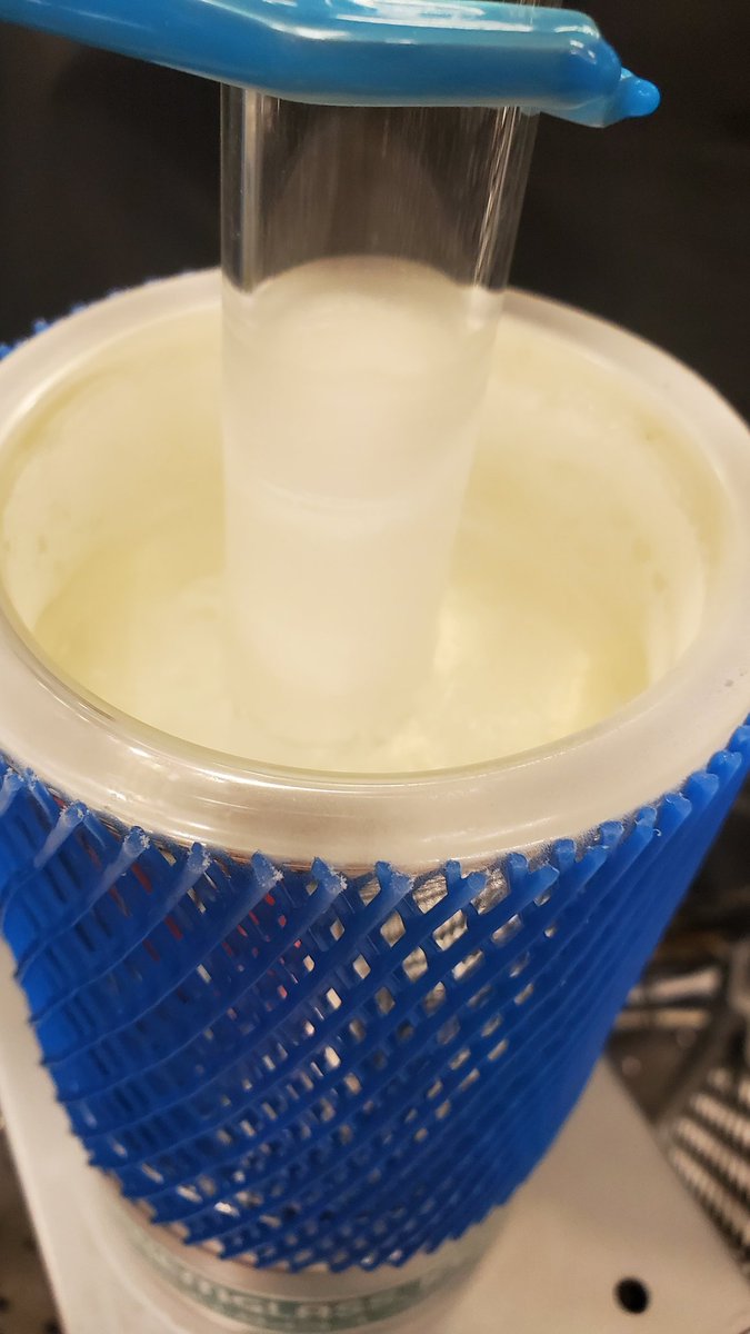 LivWithoutLimit's tweet photo. #TodayInLab, we made an ice in our vacuum chamber! We also condensed the gas in our sample line (so we don't waste any).

The chemical of choice for our cosmic ice analogue today? Hydrogen cyanide! ☠️ https://t.co/JP5l0eirra