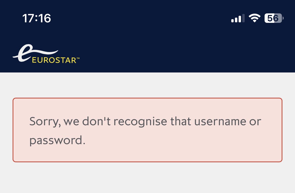 ⁦<a href="/Eurostar/">Eurostar</a>⁩ I have just updated to the latest version of you app on iOS and now cannot login, it’s the same on the website