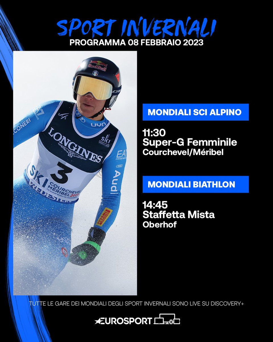 Eurosport IT (@eurosport_it) on Twitter photo โฐ Oggi c'รจ il Super-G femminile ai Mondiali di Sci Alpino e la staffetta mista ai Mondiali di Biathlon! โท๏ธ
Segui le gare LIVE su <a href="/discoveryplusIT/">discovery+ Italia</a> ed eurosport.it ๐บ๐ป๐ฑ
#EurosportSCI | #FISAlpine | #courchevelmeribel2023 | #IBU | #Biathlon | #oberhof23 โฐ Oggi c'รจ il Super-G femminile ai Mondiali di Sci Alpino e la staffetta mista ai Mondiali di Biathlon! โท๏ธ
Segui le gare LIVE su <a href="/discoveryplusIT/">discovery+ Italia</a> ed eurosport.it ๐บ๐ป๐ฑ
#EurosportSCI | #FISAlpine | #courchevelmeribel2023 | #IBU | #Biathlon | #oberhof23