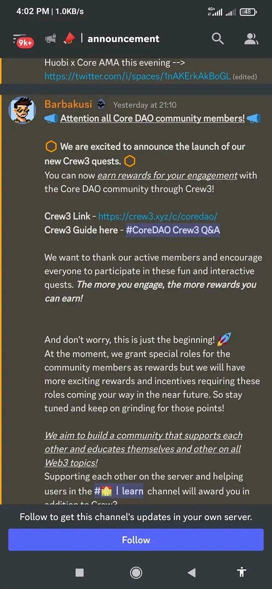 In the #CoreDAO Discord have launched a new way of earning rewards by completing simple tasks 
Don't be let complete and earn rewards 
Use the link below  👇👇👇👇👇
crew3.xyz/c/coredao/invi…

#core #CoreMainnet #CoreDAO #SatoshiPlusConsensus 
<a href="/AppsMining/">Apps Mining '💎 $FYN'</a>