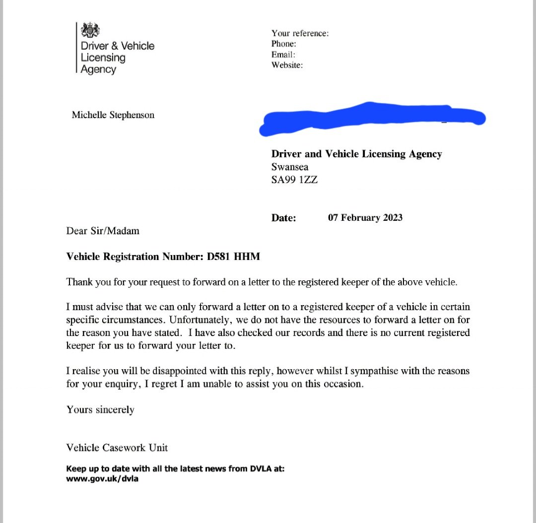 Michie_one1's tweet photo. Any1 that wants an update. Response from DVLA. No registred keeper. This brings me to 2 conclusions. She's long gone 💔(but then why has the car been sorn within last 12 months?) Or someone has bought the car then sorn it but not registred? Sadly I'm thinking the first 💔 🚗 💙 https://t.co/FKJpj4s2wm