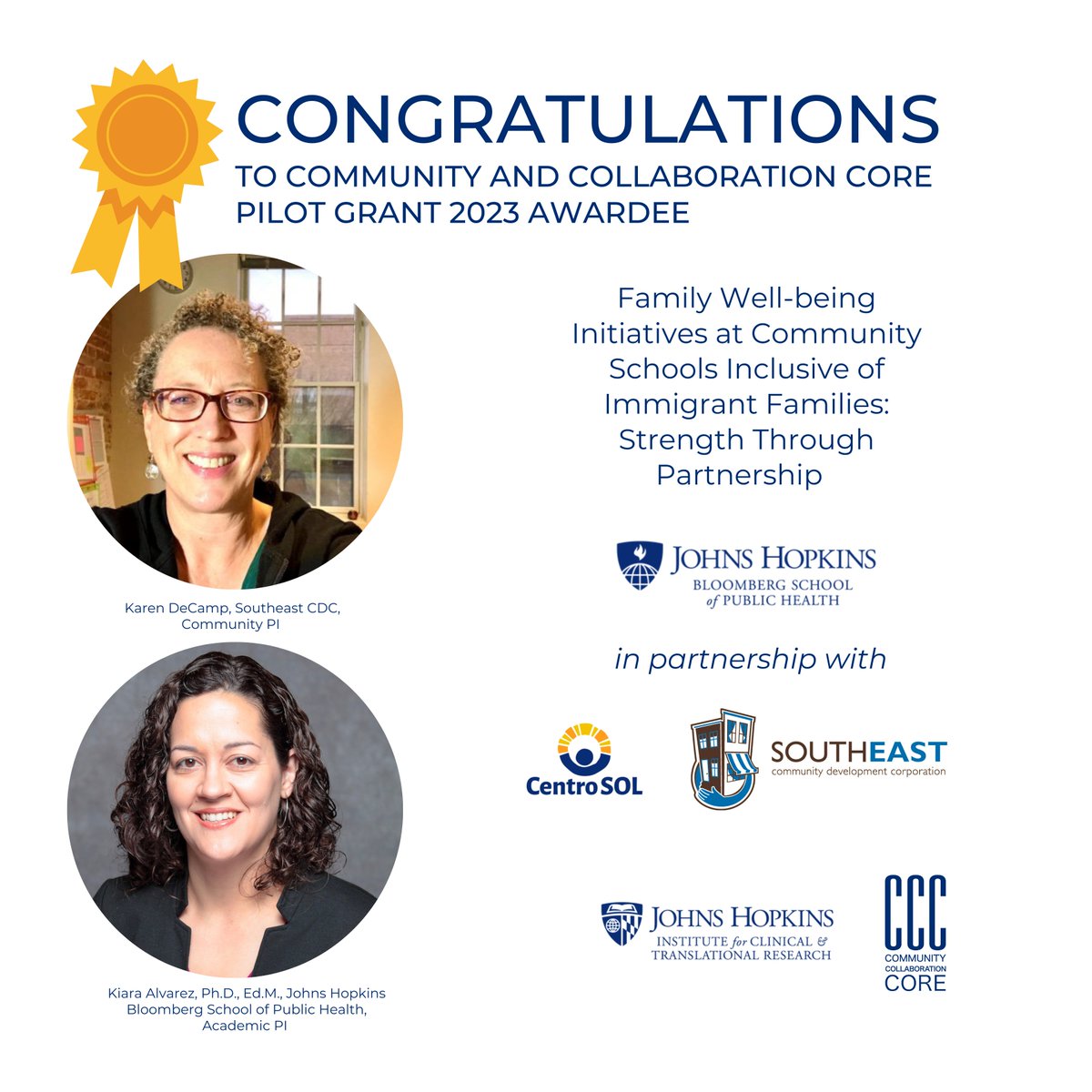 Many congratulations to @moni_gv , @SECDC ,  @kalvarezphd, @KarenDeCamp,  @jhcentrosol, and other members of the Family Well-being Initiatives at Community Schools Inclusive of Immigrant Families: Strength Through Partnership team on the receipt of the CCC CEnR Pilot Grant!