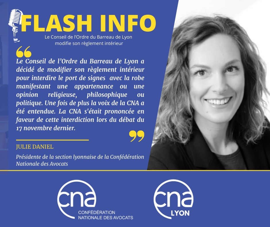 FLASH INFO CNA : Le Conseil de l'Ordre du Barreau de Lyon modifie son règlement intérieur.

Par Julie Daniel, Présidente de la Section Lyonnaise de la CNA.

#Lyon #ConseildelOrdre #Justice #Avocats #CNA ⚖️