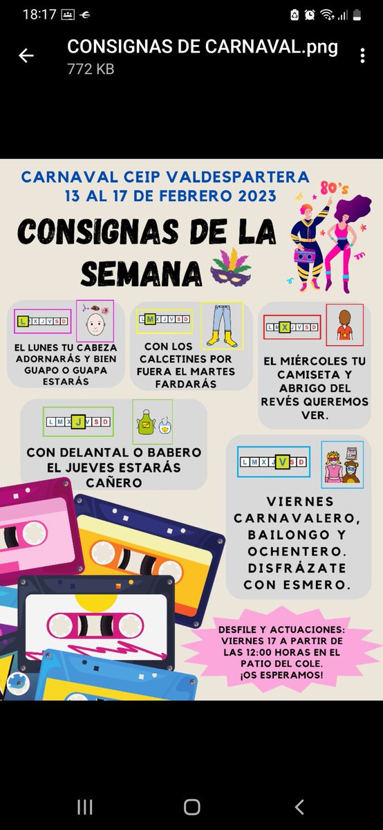 cpvaldespartera's tweet photo. Calentando motores para la semana que viene. Prepara tu disfraz ochentero para el viernes y ven a disfrutar del #Carnaval2023. #los80shanvuelto Os esperamos. https://t.co/HHMJWSUyRF