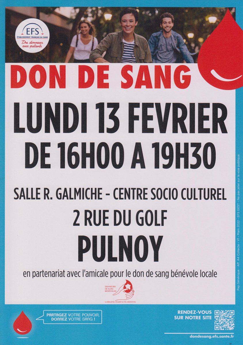 #DonDuSang
⚠️ Lundi 13/02, l'Amicale pour le Don de Sang Bénévole de #Pulnoy, en association avec l’<a href="/EFS_dondesang/">Établissement français du sang</a>, organise une collecte de 16h00 à 19h30 au centre socioculturel.
➕collation offerte 🍏
➕ garderie d'enfants 👶 
👉 Donner son sang, c'est sauver des vies.