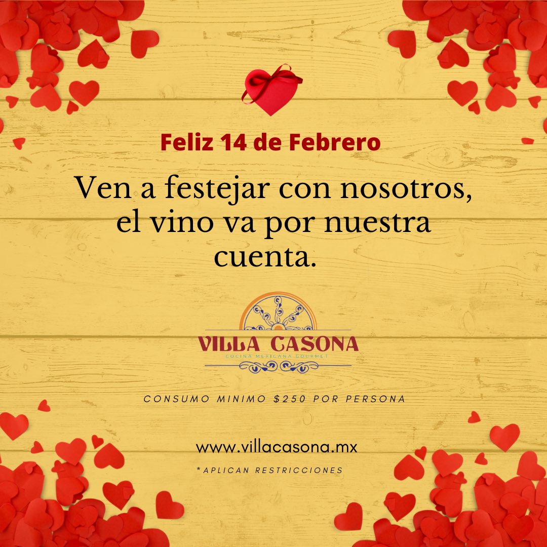 Celebra este 14 de febrero con nosotros en Villa Casona 💯👩‍🍳😃
Nuestras sucursales se encuentran en la Col. San Pedro de los Pinos, en Calle 25 #3 esq Av. Revolución (55 55988338) y Col. Narvarte Uxmal 303 esq Luz Saviñon ( 55 50191979)
villacasona.mx