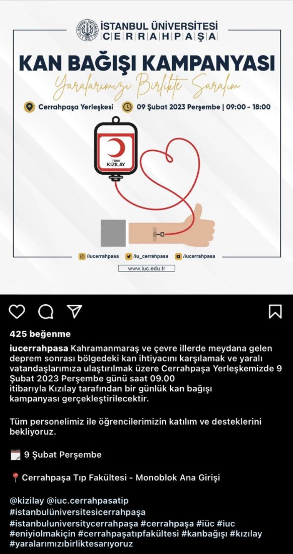 eskazanae's tweet photo. deprem sonrasındaki kan ihtiyacını karşılamak için Cerrahpaşa Tıp Fakültesi'nde Kızılay tarafından bir günlük kan bağışı kampanyası gerçekleşecektir🩸 
@Kizilay @cerrahpasatipf

tüm personel ve öğrencilerimizi bekliyoruz.

🗓️ 09.02.2023
⏰ 09:00-18:00
📍CTF - Monoblok Ana Girişi https://t.co/jh4gNcQAL4