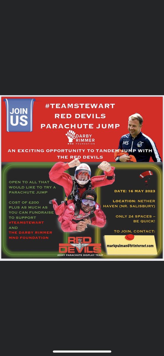 RegPara's tweet image. An amazing opportunity to jump with the world famous Red Devils for an amazing charity.
Dm me to sign up @TheRedDevilsCap @RedDevilsOnline @paras_uk @bristolrovers @SunderlandAFC 
Please retweet all