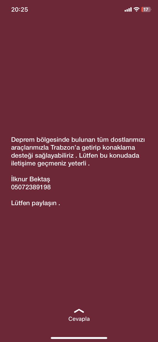 Arkadaşlar deprem bölgesinde bulunan tüm arkadaşlarımıza Trabzonds barınma ve ulaşım desteği vereceğiz. İhtiyacı olan tüm insanlar aşağıdaki numaradan bizimle iletişime geçebilirler. <a href="/OguzhanUgur/">Oğuzhan Uğur</a> <a href="/Haydi_Ahbap/">Haydi Ahbap</a> <a href="/haluklevent/">Haluk Levent ( Ahbap Ekibi )</a>