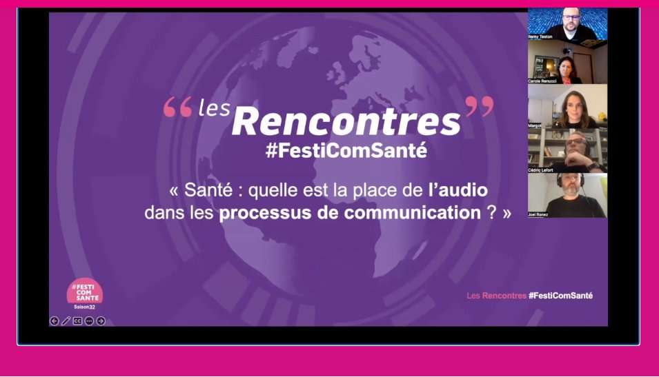 Rencontre #FestiComSanté
🎙 «#Santé : quelle est la place de l’audio dans les processus de #communication ?» #podcastsanté #hcsmeufr 
Avec <a href="/Carole_Renucci/">Carole Renucci</a> <a href="/PodcastersMedia/">Podcasters Media</a> - <a href="/pharmaradio/">Pharmaradio votre dose 💊 d'information en 3 min</a> - <a href="/MargueritedeRo5/">Marguerite de Rodellec</a> <a href="/medshakestudio/">MedShake Studio</a> - <a href="/ronez/">joel ronez</a>- <a href="/PiaSyndicat/">PIA - Producteurs audio indépendants</a> &amp; <a href="/rteston/">Rémy TESTON</a>