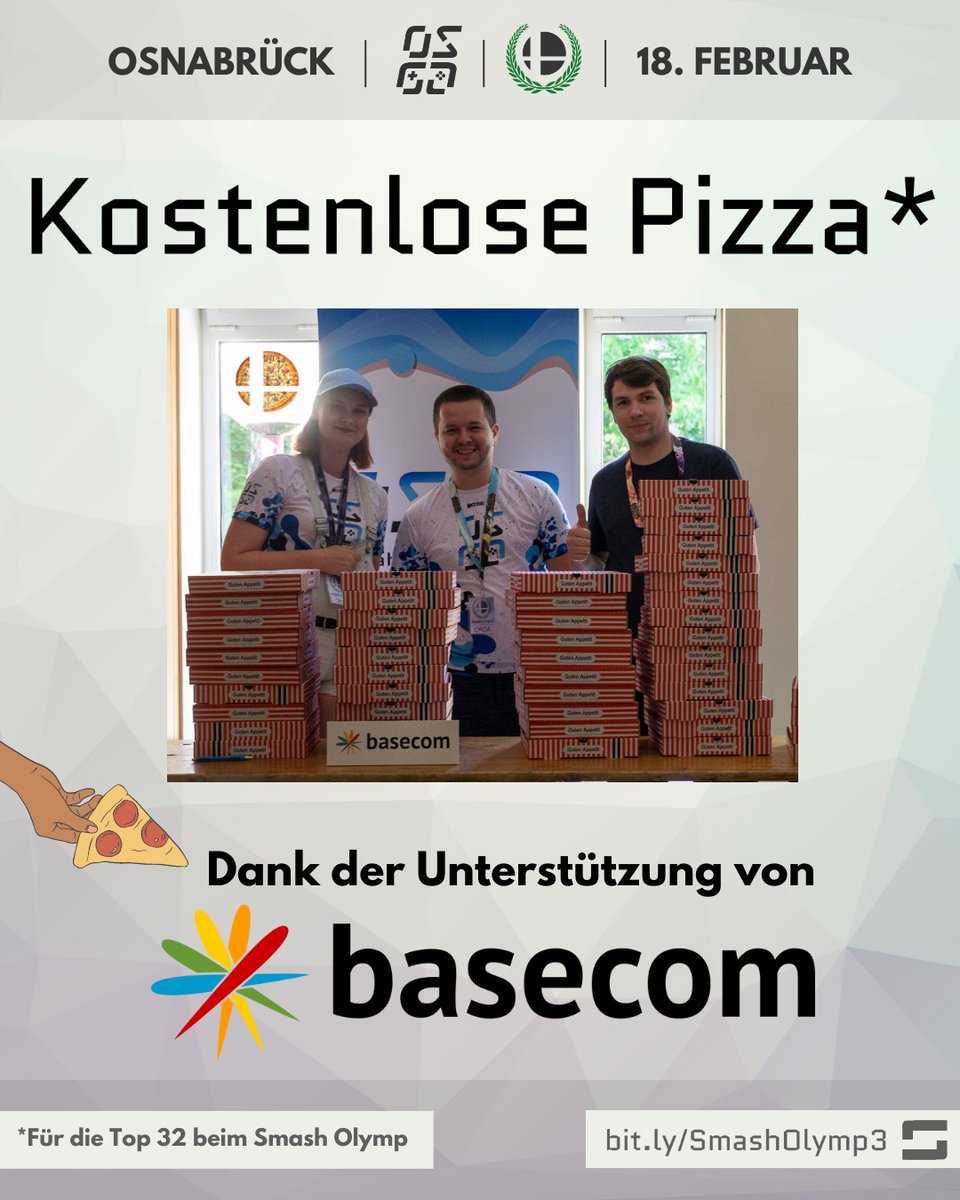 osna_gaming's tweet photo. #SmashOlymp🌿 ✖ @basecom♥
Wir sind sehr glücklich darüber, ankündigen zu dürfen, dass #basecom uns erneut beim Smash Olymp unterstützt 😍
Das heißt für euch erneut:
🍕 PIZZA - UMSONST - Für die Top 32 🤤
Auf keinen Fall verpassen 👇🏼
📝 https://t.co/fYGcXS9dhi https://t.co/mImbWXJoaD