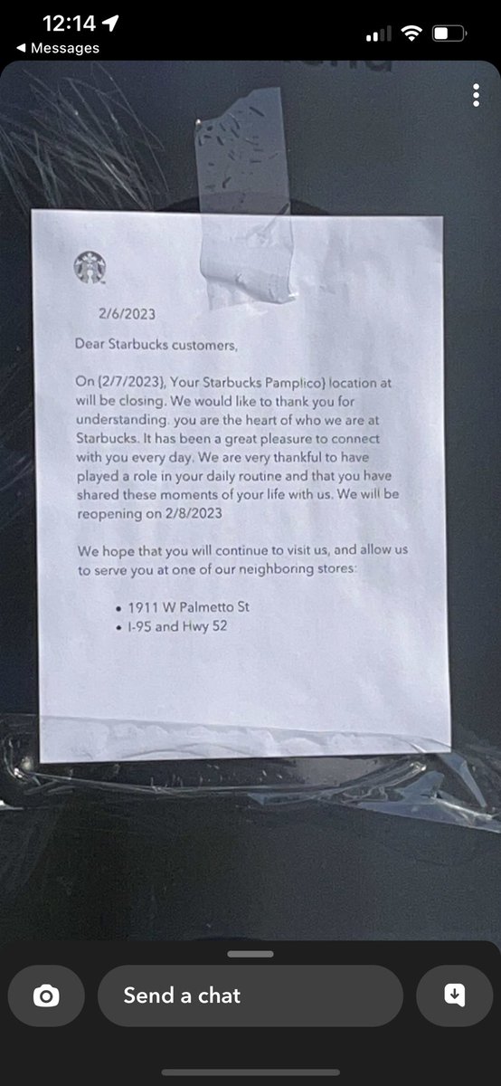 I don’t understand if the <a href="/Starbucks/">Starbucks</a> on Pamplico is closing or…. This letter is so strange?