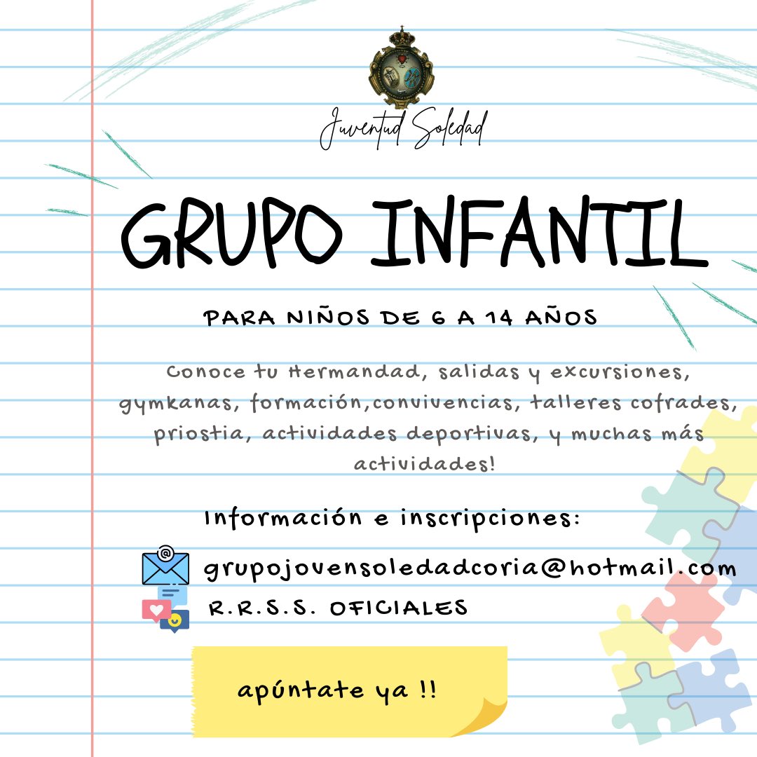 GJSoledadCoria's tweet photo. #GRUPOINFANTIL

Nuestro Grupo Joven ha creado un Grupo Infantil con el fin de acercar la Hermandad a los más pequeños de nuestros tramos. 

Son muchas las actividades programadas, entre las que se encuentran talleres cofrades o actividades de priostía para esta Cuaresma. https://t.co/nIViQbimZ7