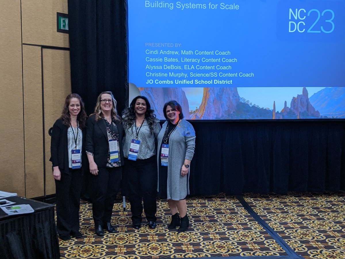 wyman_greg's tweet photo. Another group of @JOCombsusd amazing staff presenting at #NCDC23. Great presentation on PD at scale. They just do amazing work for all our staff. Proud that they get to share their great work. Cassie Bates, Cindi Andrews, Christine Murphy and Alyssa DeBois. @Combs_PD https://t.co/U3fZ7n9nKH