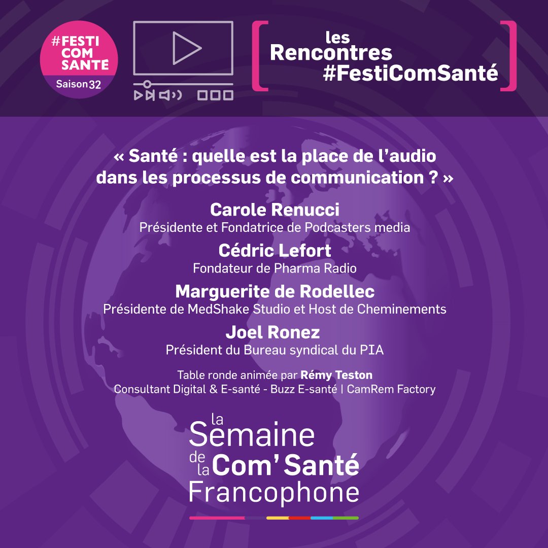 Semaine de la #Communication #Santé Francophone #festicomsanté 
Rencontre  «#Santé : quelle est la place de l’audio dans les processus de #communication ?»  Avec <a href="/Carole_Renucci/">Carole Renucci</a> <a href="/PodcastersMedia/">Podcasters Media</a> - <a href="/pharmaradio/">Pharmaradio votre dose 💊 d'information en 3 min</a> - <a href="/MargueritedeRo5/">Marguerite de Rodellec</a> <a href="/medshakestudio/">MedShake Studio</a> - <a href="/ronez/">joel ronez</a> <a href="/PiaSyndicat/">PIA - Producteurs audio indépendants</a> - <a href="/rteston/">Rémy TESTON</a>