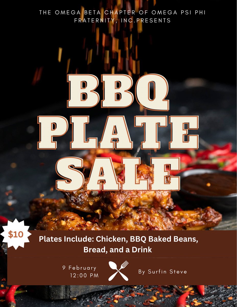 sfa_ques's tweet photo. The Brothers of Omega Beta Chapter of Omega Psi Phi, Fraternity Inc. will be selling Chicken BBQ plates on Thursday Feb. 9th from 12-2pm! Stop by and check us OWT! DM our socials for preorders! ⚡️🐶 https://t.co/FZdqjNIzQj
