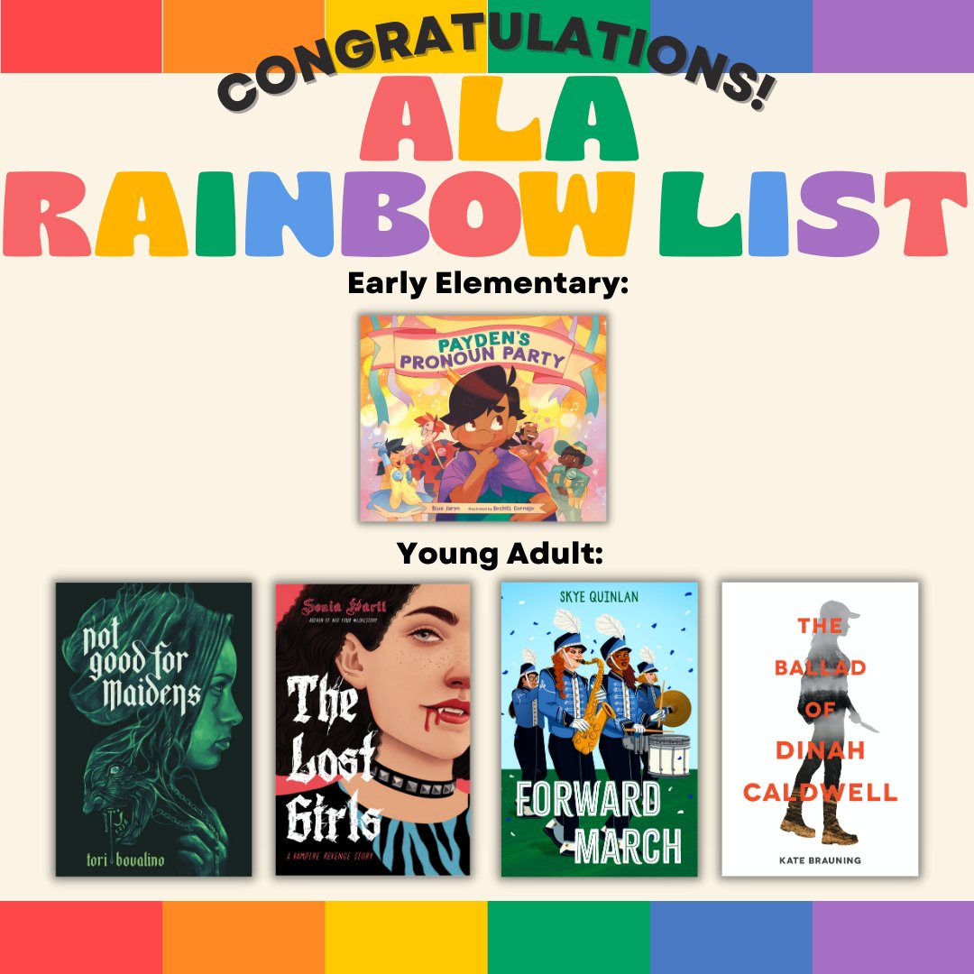 Congratulations to all the authors and illustrators on the @RainbowBookList, including @BlueJaryn, @spaceagecats, @toribov, @SoniaHartl1, @Skye_Quinlan, and @KateBrauning!! 🏳️‍🌈 

Read the full list here: drive.google.com/file/d/14e1HHU…