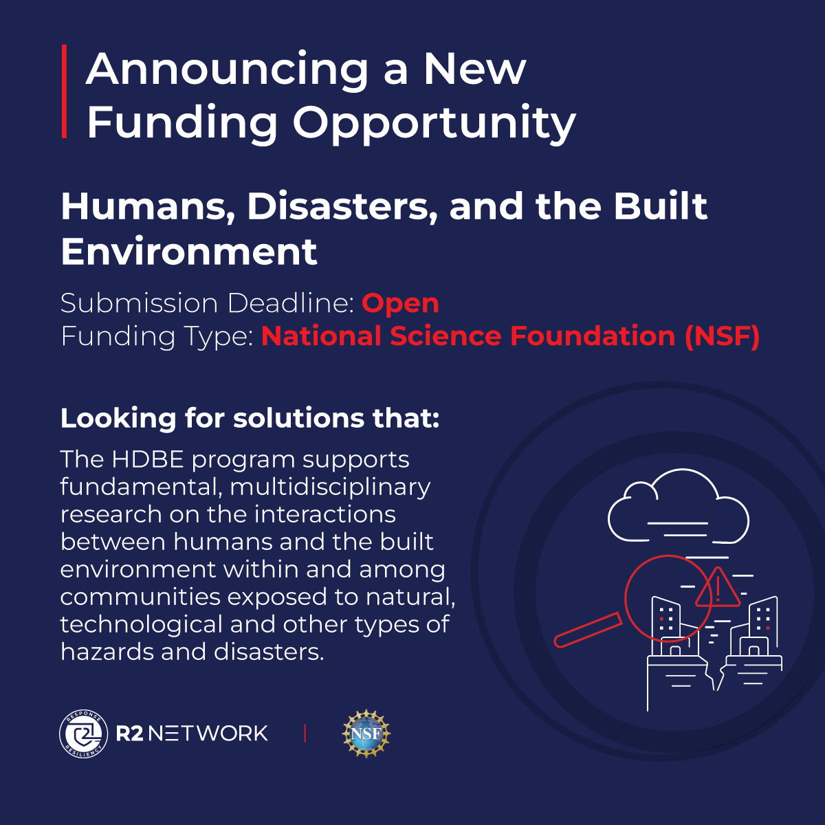 R2 Funding Reminder: <a href="/NSF/">U.S. National Science Foundation</a>'s HDBE program supports research on the interactions between humans and the built environment within and among communities exposed to natural, technological and other types of hazards and disasters.

Learn More: portal.r2network.com/program/humans…