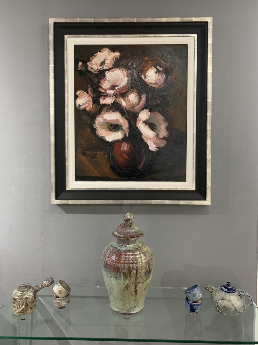 Pink Flowers by Theodore Major hanging proudly above ceramics by Jacob Chan in the gallery 

@theodore_major @jchanceramics @blackmoregalery 
#blackmoregallery #jacobchan #theodoremajor #lymm #cheshire #pottery #ceramics
