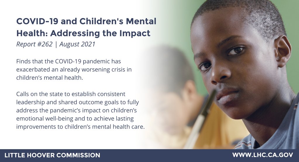 CALittleHoover's tweet image. Our August 2021 report, “COVID-19 and Children’s Mental Health: Addressing the Impact,” examines ways in which California can improve the state’s system for supporting child #MentalHealth.

Report: bit.ly/3meqD5W

One Pager: bit.ly/3IvLHQM