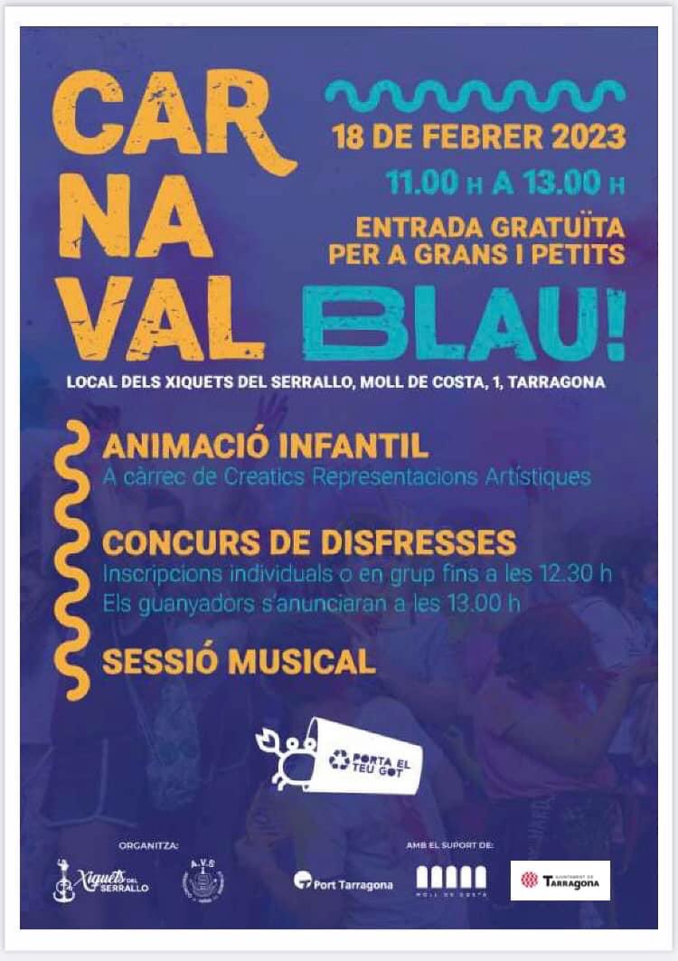 Carnaval carnavaaall🥁🥁🎶🎶
Com hem anat fent els últims anys, l'associació de veïns participa de la festa de carnaval que té lloc el dissabte 18 de febrer al local de la Colla Xiquets del Serrallo de Tarragona.
Us esperem a tots!

Col·laboren Ajuntament de Tarragona i Port Tgn
