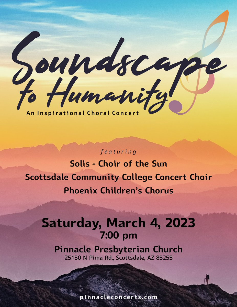 SolisChoir's tweet photo. Solis - Choir of the Sun returns in 2023 with a collaborative concert on the Pinnacle Concert Series. Join Solis - Choir of the Sun, Scottsdale Community College Concert Choir and the Phoenix Children's Chorus for this exciting event.

#choir #choral #free #choralmusic https://t.co/kff99xM5cf