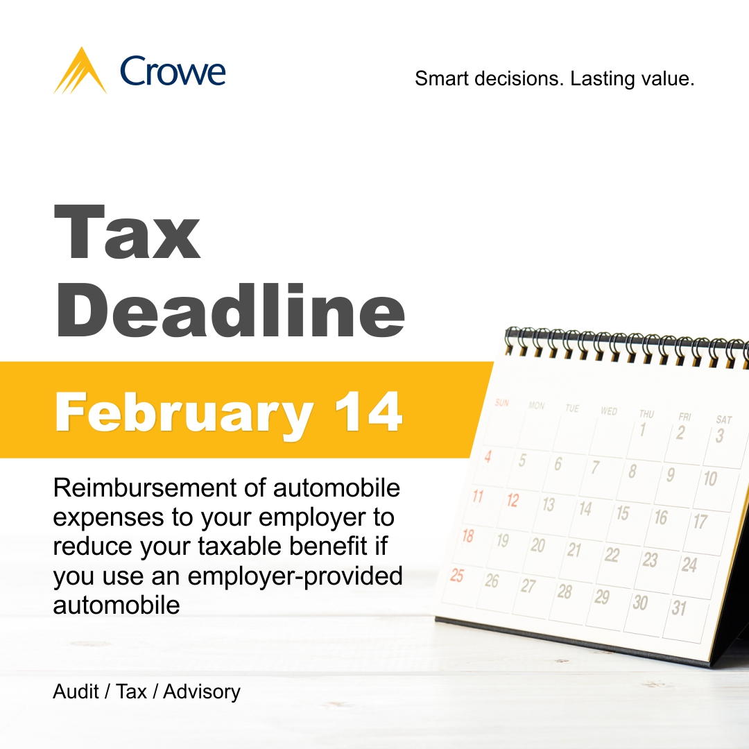 CroweMacKay's tweet image. Make note of the February 14 Tax Deadline!

Find other important tax deadlines here: bit.ly/39H7QcX

#CroweMacKay #Crowe #GoCrowe #CanadianTax #TaxTip #TaxDeadline