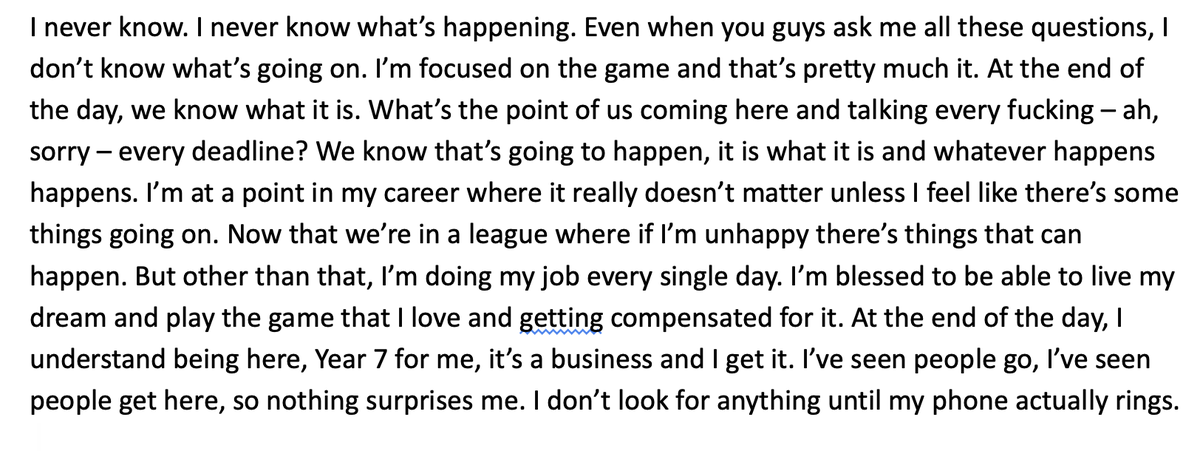 michaelgrange's tweet photo. Pascal Siakam's comments on the approaching trade deadline are ⬇️ "... I don't know what's going on."
However ...  a few minutes after Siakam spoke to media at practice, Raptors president Masai Ujiri motioned for Siakam to join him in an office adjacent to the practice floor. https://t.co/vOUnesgj9Y