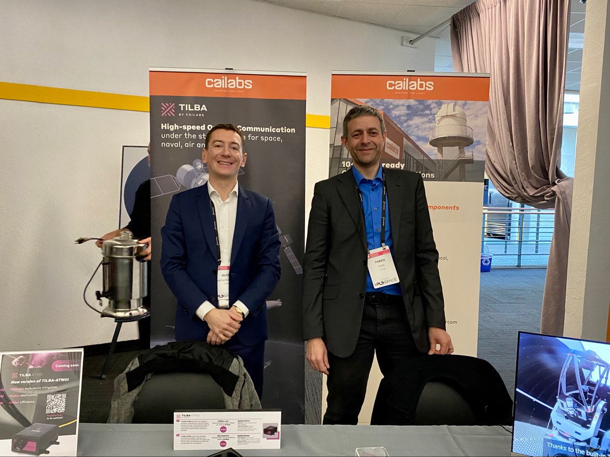CAILabs's tweet photo. [SHOW] Olivier, Fabien and Jean-François are attending #SmallSat Symposium ! Stop by our booth 35 to talk with them about laser Communications and Optical Ground Stations! 
#newspace #tilba #OGS #deeptech #FSO #TILBA https://t.co/5P1KiWDsqY