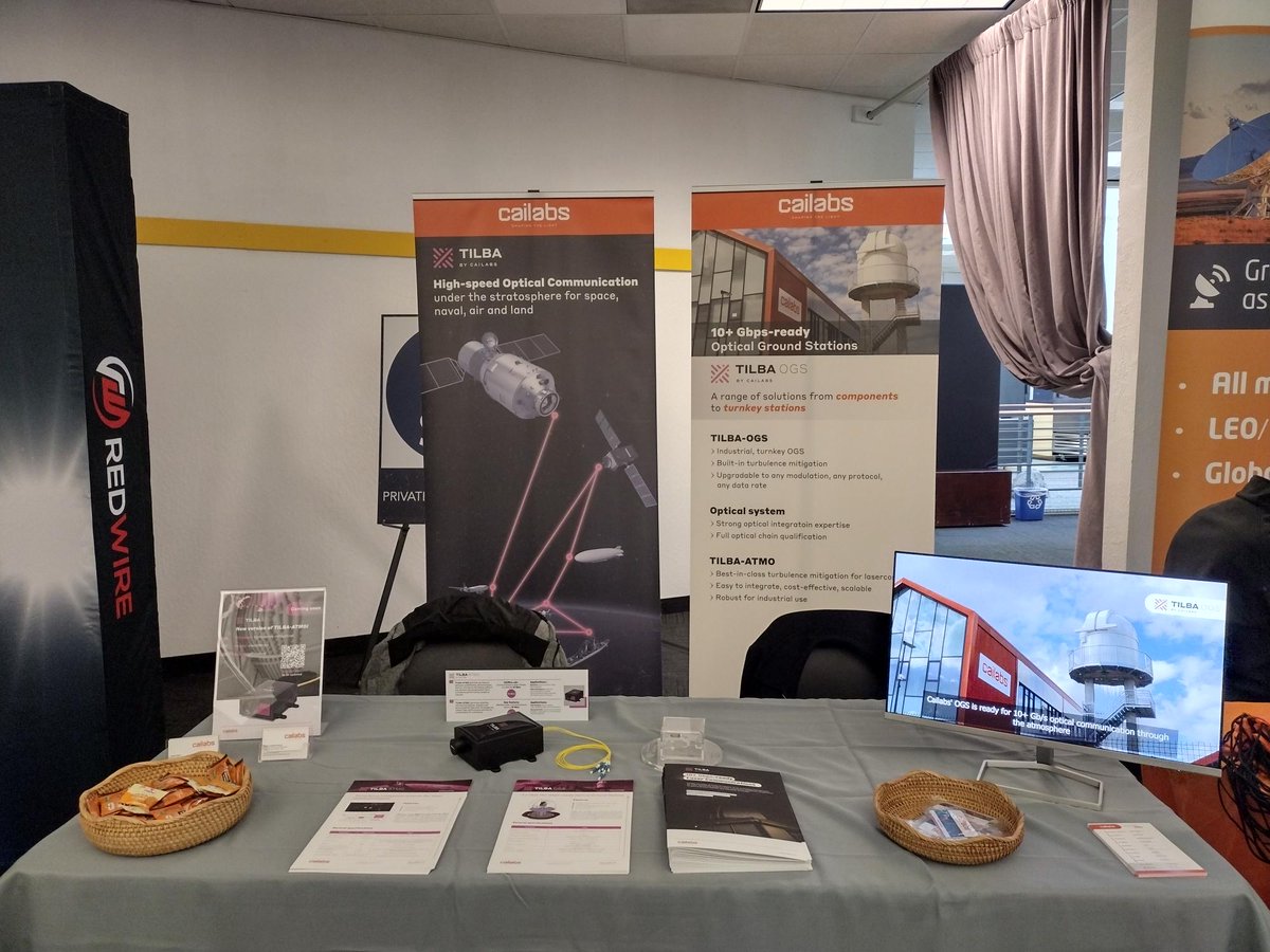 CAILabs's tweet photo. [SHOW] Olivier, Fabien and Jean-François are attending #SmallSat Symposium ! Stop by our booth 35 to talk with them about laser Communications and Optical Ground Stations! 
#newspace #tilba #OGS #deeptech #FSO #TILBA https://t.co/5P1KiWDsqY