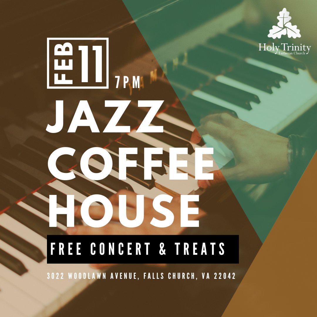 PELCAlexandria's tweet photo. Come to Holy Trinity Lutheran's (Falls Church) Fellowship Hall on Sat. 2/11 at 7pm for coffee/snacks + entertainment by the Glenn Pearson Jazz Quartet. Enjoy jazz standards first performed by Duke Ellington, Count Basie, Glenn Miller, etc. Admission is FREE and all are welcome! https://t.co/yABpVOB43e