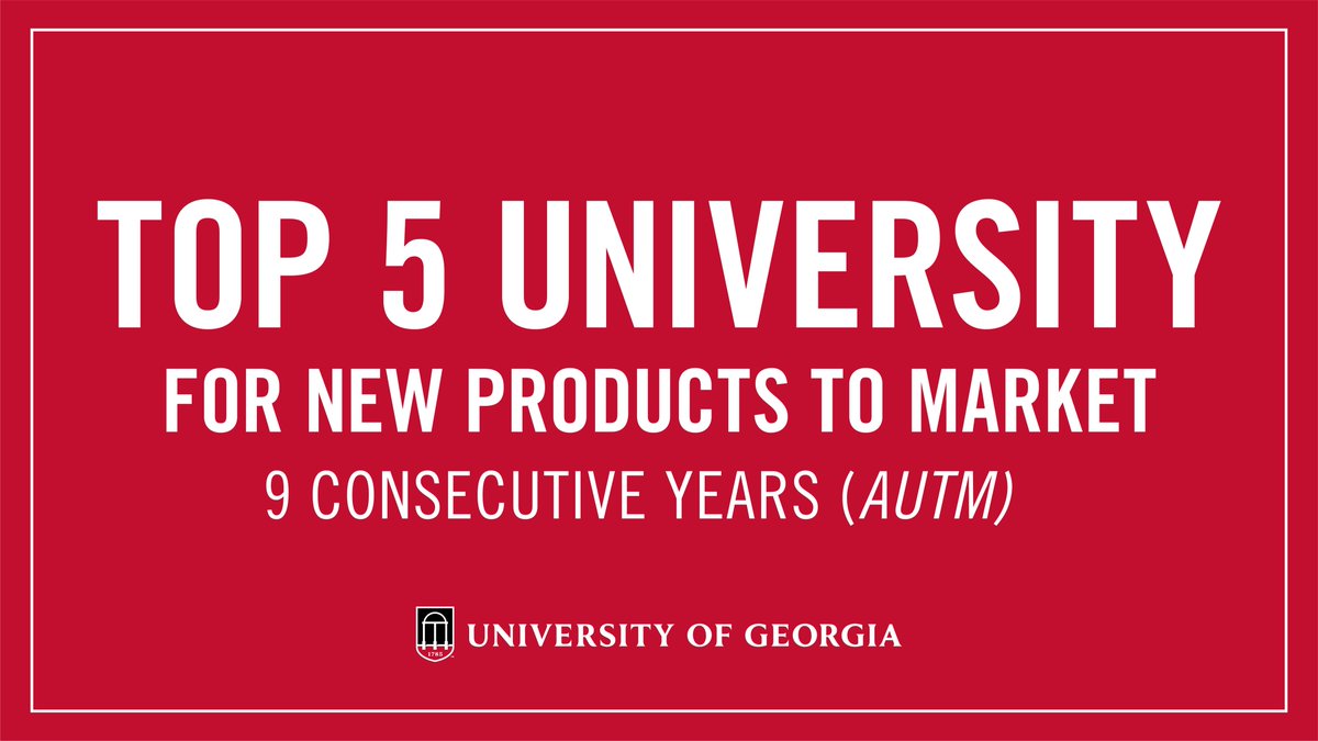 universityofga's tweet image. #CommitTo innovation: @AUTM has ranked UGA no. 2 among U.S. universities for number of commercial products to market based on its research. It is the 9th year UGA has ranked among the nation’s top five and 7th year among the top two. t.uga.edu/8NS