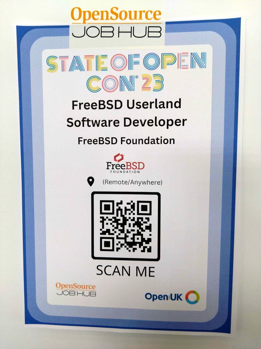 #JobBoard Update from #SOOCon23: @freebsdfndation is searching for a software developer with a passion to perfect the user experience on #FreeBSD. #testing #debugging #kernel #OpenSource #automation #stateofopen #OpenUK