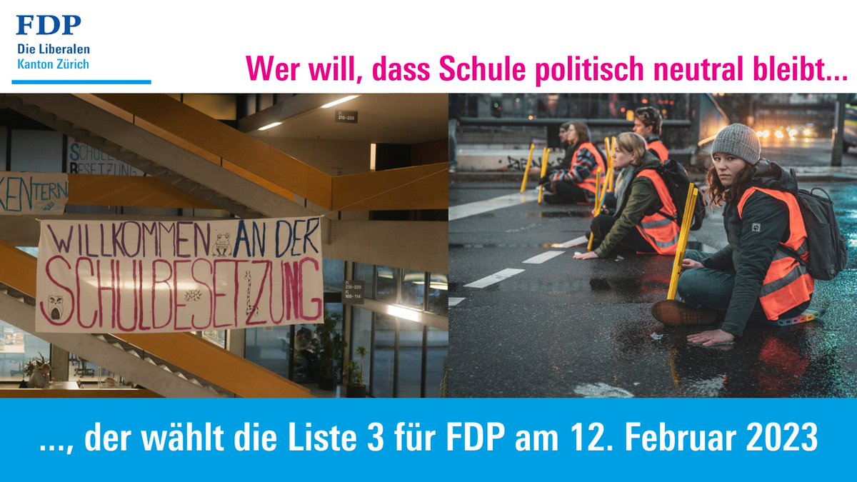Wenn Klimaaktivistinnen &amp; -aktivisten die Kanti Enge besetzen, ihr Programm vorstellen &amp; Workshops durchführen dürfen, dann setzen wir unsere Kinder in Schulen aus, in der keine Bildungsneutralität garantiert ist. Wer das nicht will, der wählt die Liste 3 für FDP am 12. Februar.