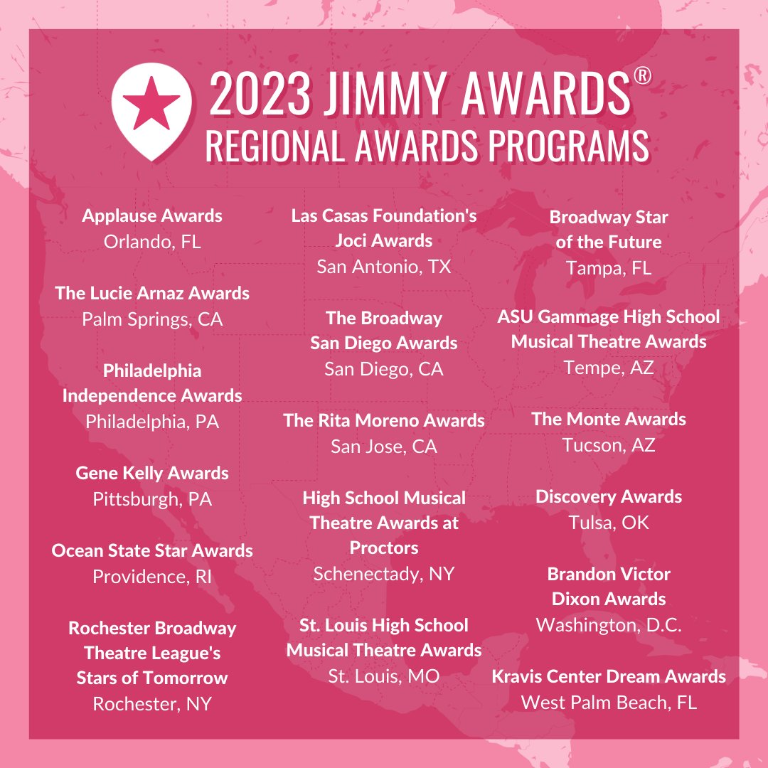 We're proud to announce the 48 participating Regional Awards Programs for the 2023 Jimmy Awards, our most ever! Each program will send 2 student performers to this year's Jimmy Awards on June 26th. Learn more about the programs: jimmyawards.com/participation/…