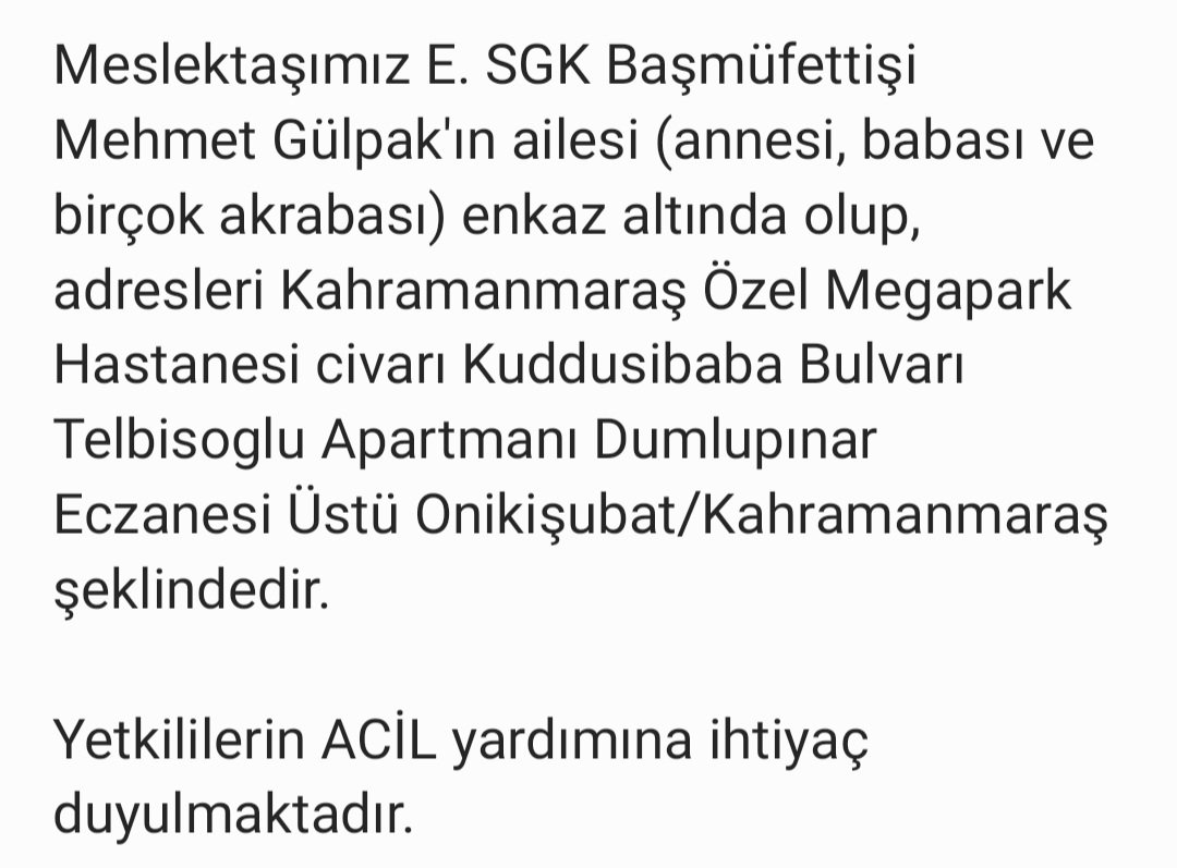 sosgumder's tweet photo. Acil Yardım Çağrısı             
                                                     
 @TC_icisleri                             
 @TCkahramanmaras       
 @TSKGnkur                      
 @EmniyetGM            
 @AFADBaskanlik https://t.co/kd56sqUUK7